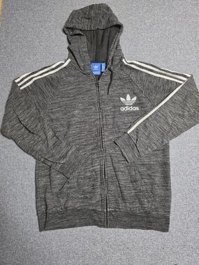 Adidas Originals Mens Dark Grey Heather Zip Up Hoodie Trefoil 3-Stripes Size L